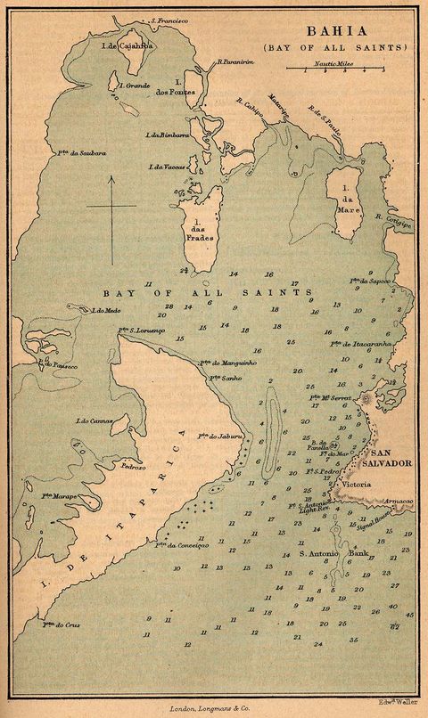 Bahia (Bay of all Saints) Map, Brazil 1882