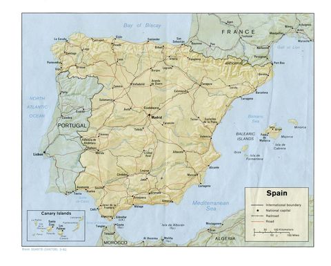 Spain shaded relief map 1982