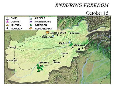 Mapa de la Operación Enduring Freedom, Afganistán 15 Octubre 2001