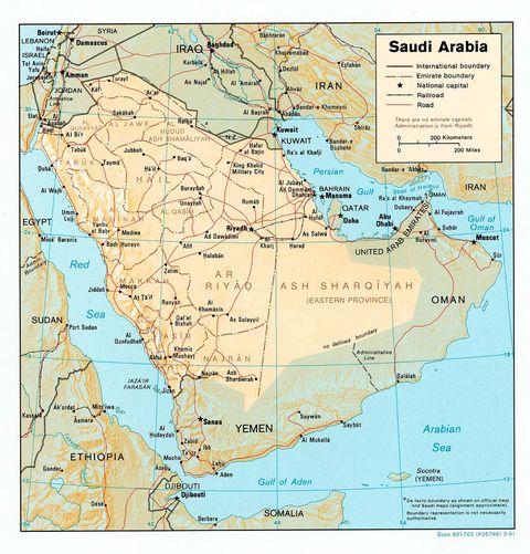 Mapa Físico de Arabia Saudita 1991