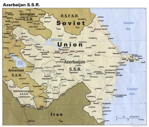 Mapa Político de la Ex República Socialista Soviética de Azerbaiyán 1990