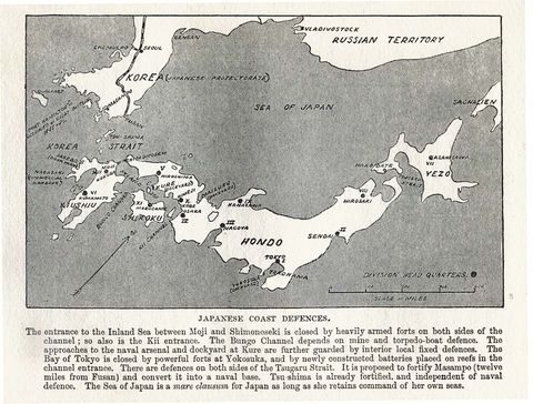 Mapa de las Defensas Costeras, Japón 1907