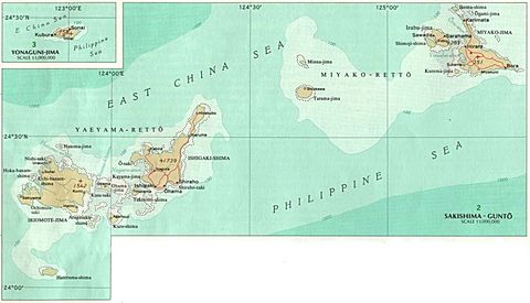 Mapa Político de las Islas de Sakishima y Yonaguni, Japón 1970