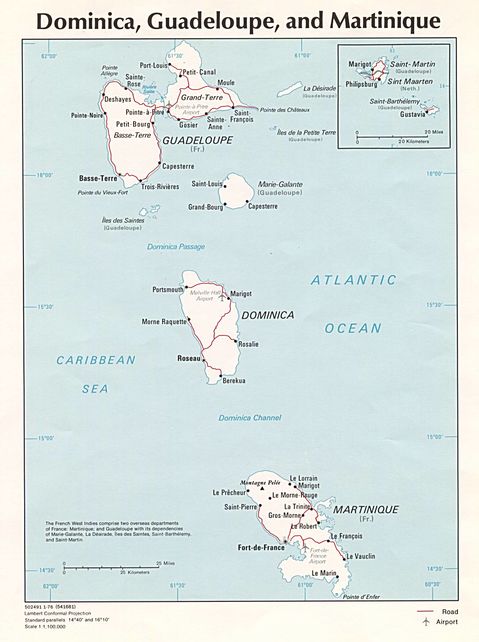 Dominica, Guadeloupe, and Martinique Political Map 1976