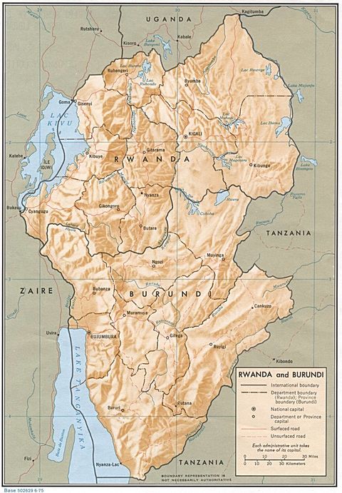 Mapa Físico de Burundi y Ruanda 1975