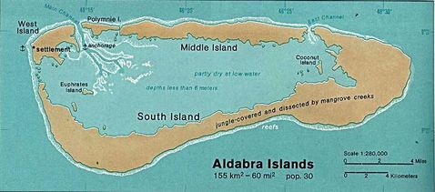 Mapa Físico del Atolón Aldabra, Seychelles 1976