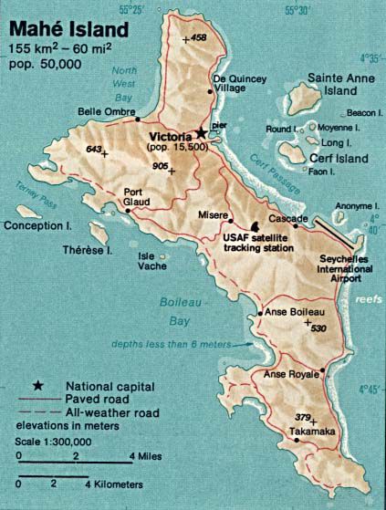 Mahe Island Physical Map, Seychelles 1976