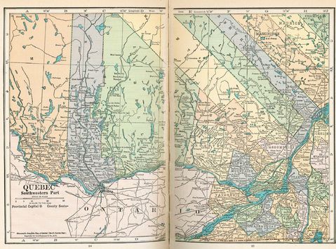 Mapa del Suroccidente de Quebec, Canadá 1921