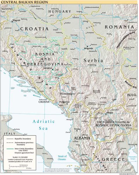 Mapa Físico de los Balcanes Occidental 1999