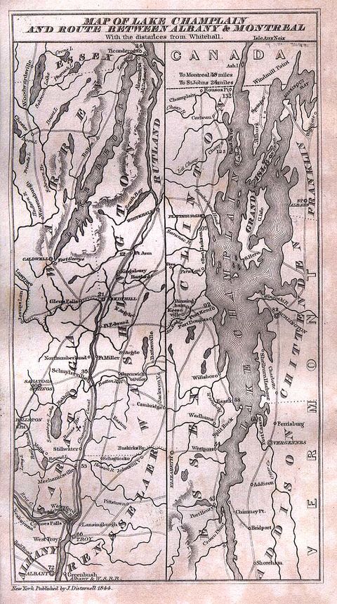 Map of Lake Champlain and Routes Between Albany and Montreal 1844