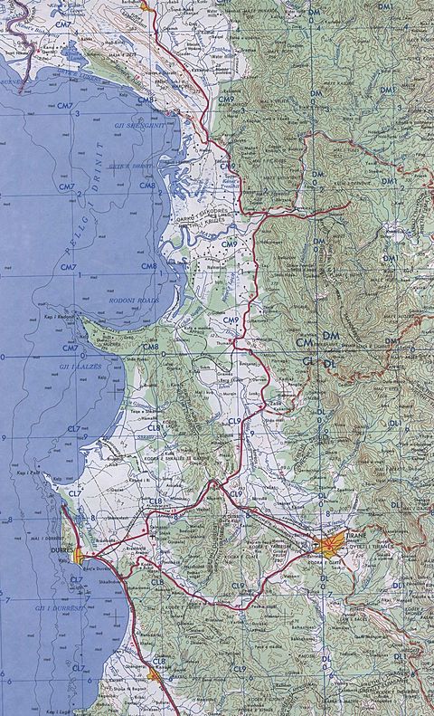 Mapa Topográfico de la Región de Tirana-Durrës, Albania 1960