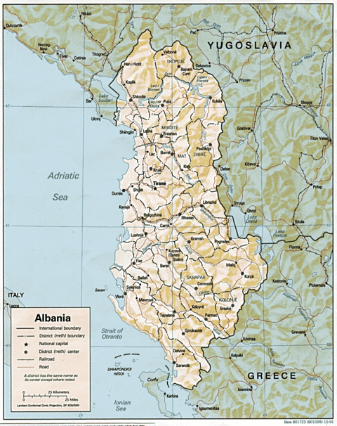 Albania Physical Map 1991