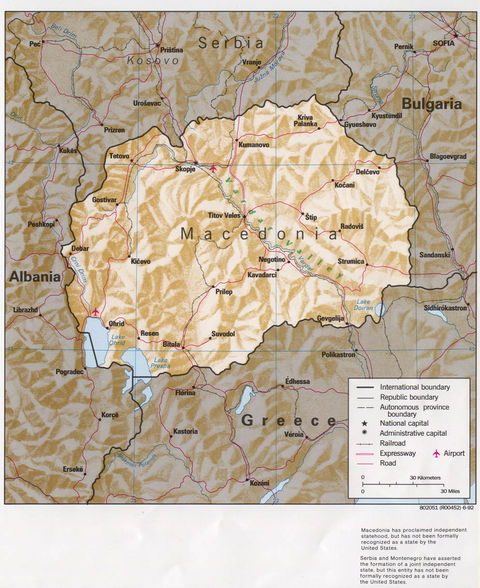 Macedonia Physical Map Map 1992