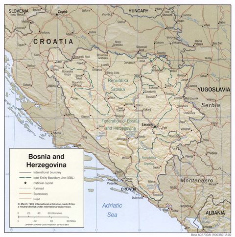 Mapa Físico de Bosnia y Herzegovina 2002