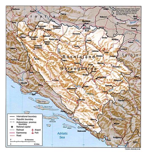 Bosnia and Herzegovina Physical Map 1994