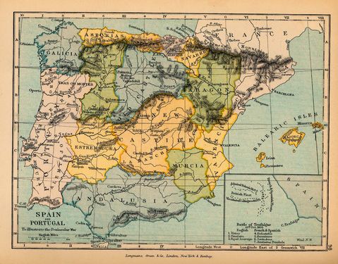 Mapa de España y Portugal, para ilustrar la Guerra de la Independencia