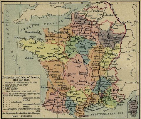 Mapa Eclesiástico de Francia, 1789 y 1802