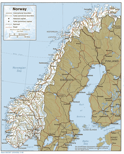 Norway Physical Map 1986