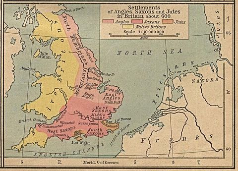 Mapa de los Asentamientos de los Anglos, Sajones y Jutos en Bretaña Circa 600