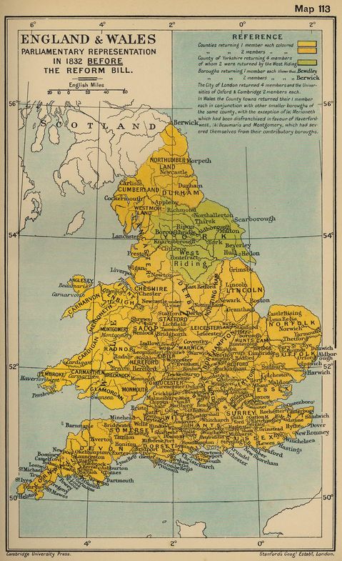 Map of England and Wales Parliamentary Representation in 1832 Before the Reform Bill