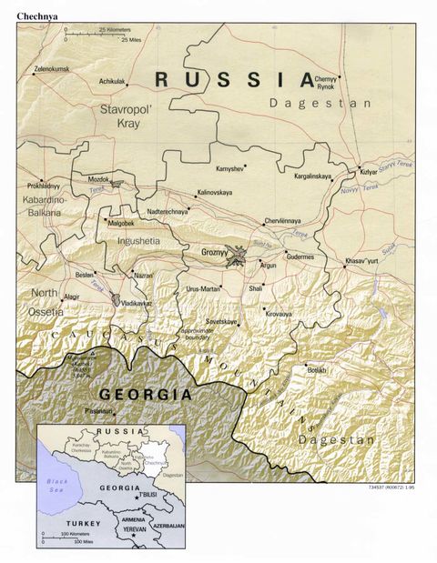 Chechnya Physical Map 1995