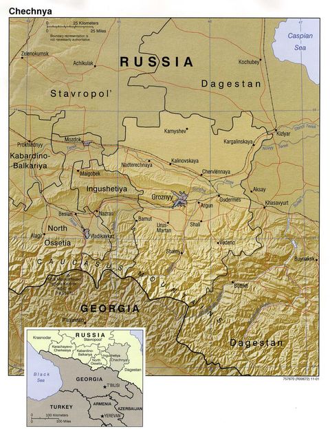 Chechnya Physical Map 2001