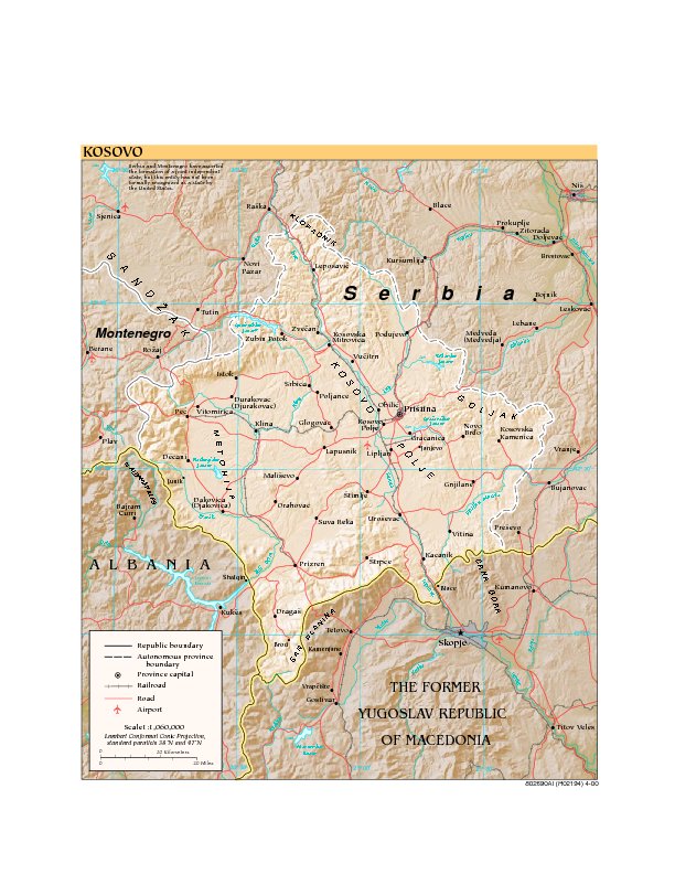 Kosovo Physical Map 2000