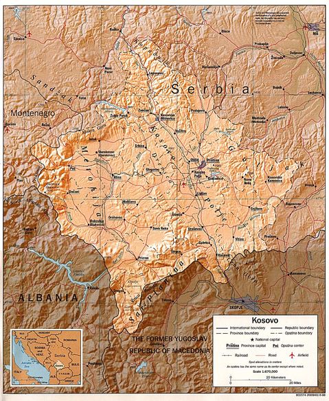 Kosovo Physical Map 1998