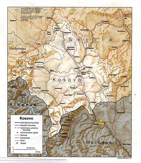 Kosovo Physical Map 1992