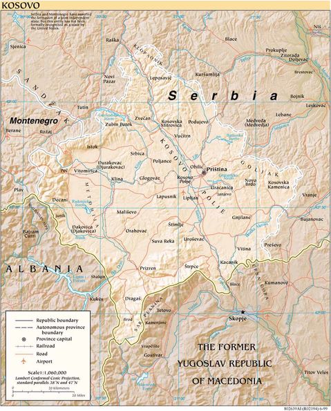 Kosovo Physical Map 1999