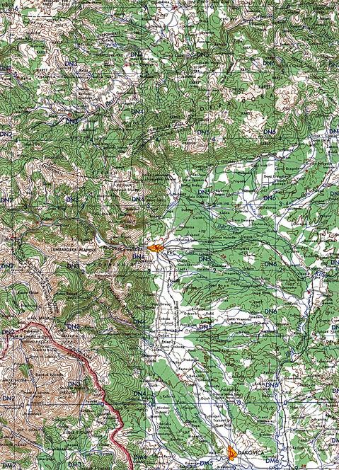 Mapa Físico de Kosovo Occidental 1959