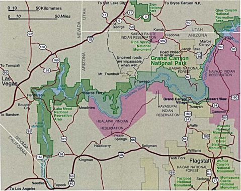 Grand Canyon National Park Area Map, Arizona, United States