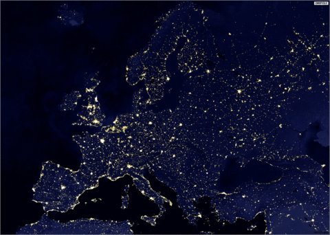 Satellite image, photo of Europe at night