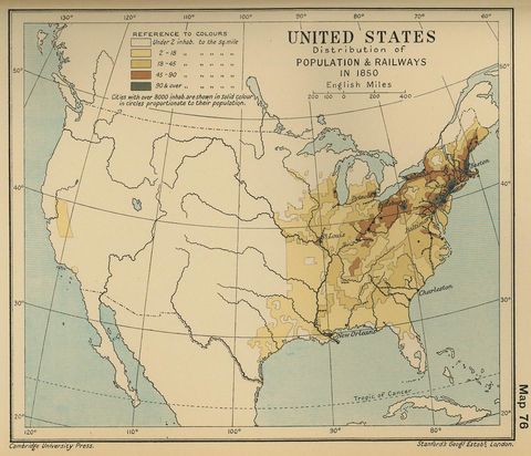 Distribution of Population & Railroads in the United States 1850