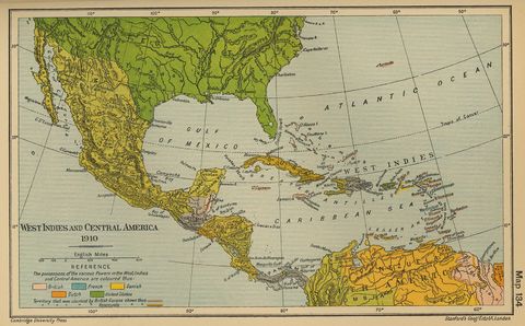 Central America and the Caribbean historical map 1910