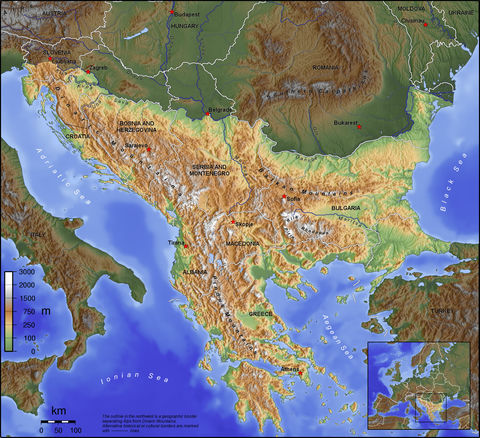 Mapa físico de los Balcanes 2006