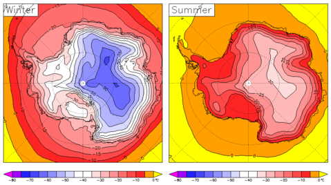 Antarctic surface temperature in winter and summer 1979-2001