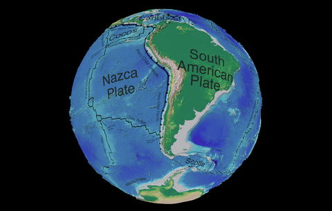 South America tectonic and bathymetric map