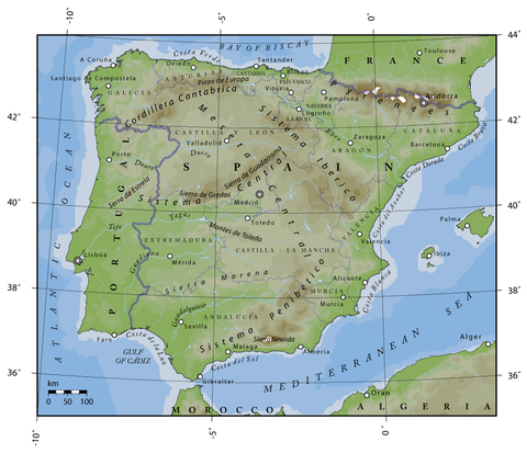 Topographical map of Spain