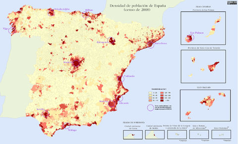 Densidad de población en España 2009