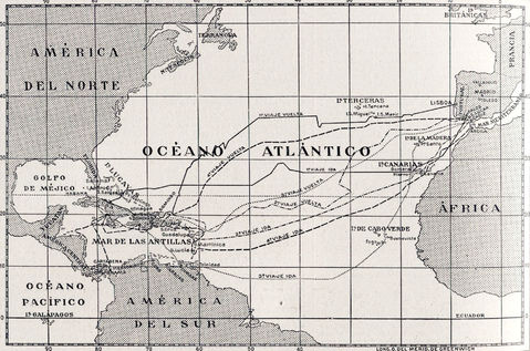 Voyages of Christopher Columbus in 1492, 1493, 1498 and 1502