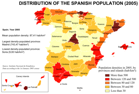 Densidad de población en España 2005