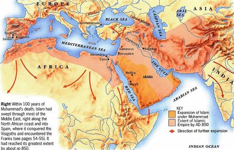 Muslim conquests up to 850 AD