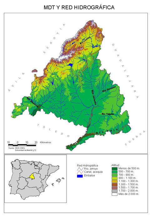 Community of Madrid physical hydrological map