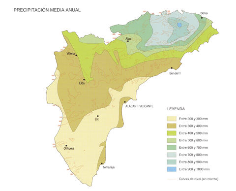 Average yearly precipitation in the Province of Alicante