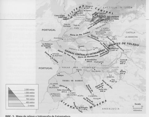 Extremadura topography and hydrography map