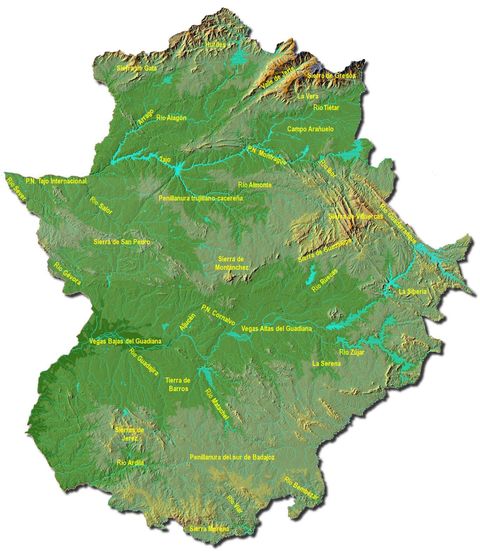 Physical map of Extremadura