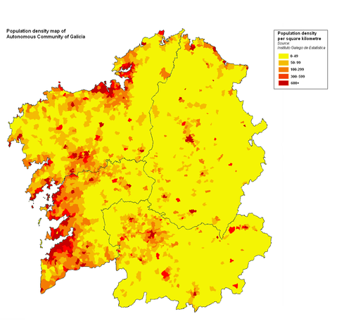 Densidad de población de Galicia 2008