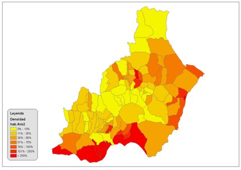 Densidad de población en la provincia de Almería 2008