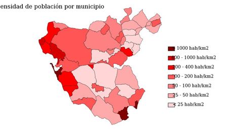 Population density of the province of Cádiz 2007